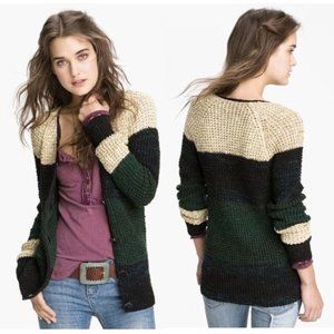 Free People Lake Tahoe Chunky Knit Colorblock Cardigan Sweater Size Medium Green